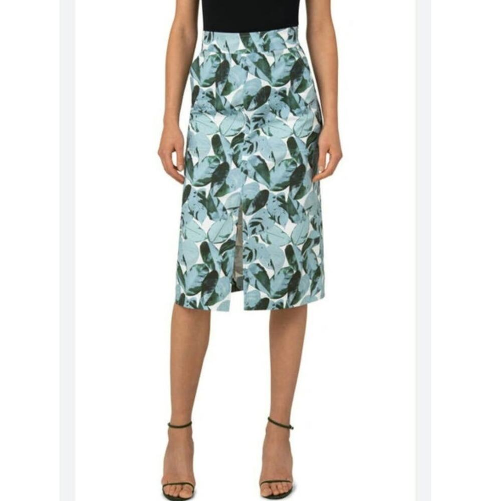 AKRIS PUNTO TRIPICAL LEAVES PRINT MIDI SKIRT, SIZE 10